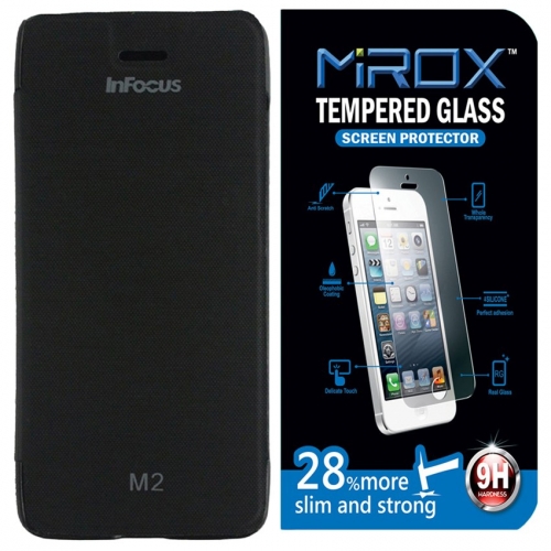 Mirox Flip Cover For Infocus M2 With Tempered Glass Screen Guard - Black