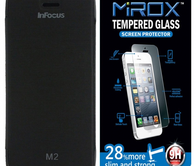 Mirox Flip Cover For Infocus M2 With Tempered Glass Screen Guard - Black