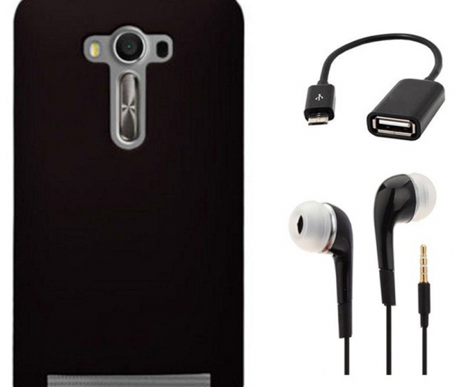 Tidel Black Back Cover For Asus Zenfone 2 Laser 5.5inch Ze550kl With 3.5mm Handsfree Earphone & Micro Otg Cable
