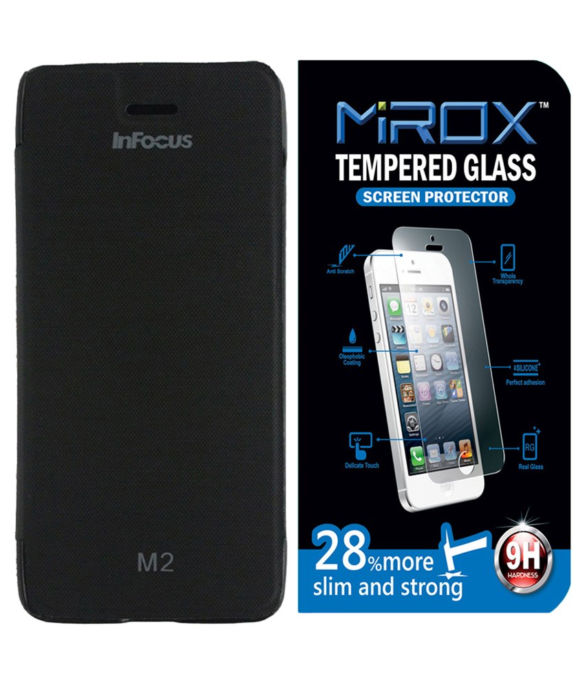 Mirox Flip Cover For Infocus M2 With Tempered Glass Screen Guard - Black